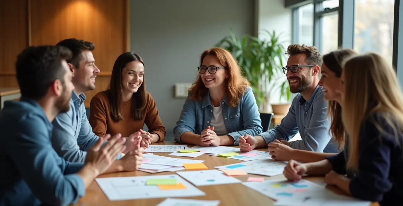 Diverse Gruppe von Mitarbeitern verschiedenen Alters arbeitet entspannt zusammen an einem runden Tisch mit bunten Workshop-Materialien
