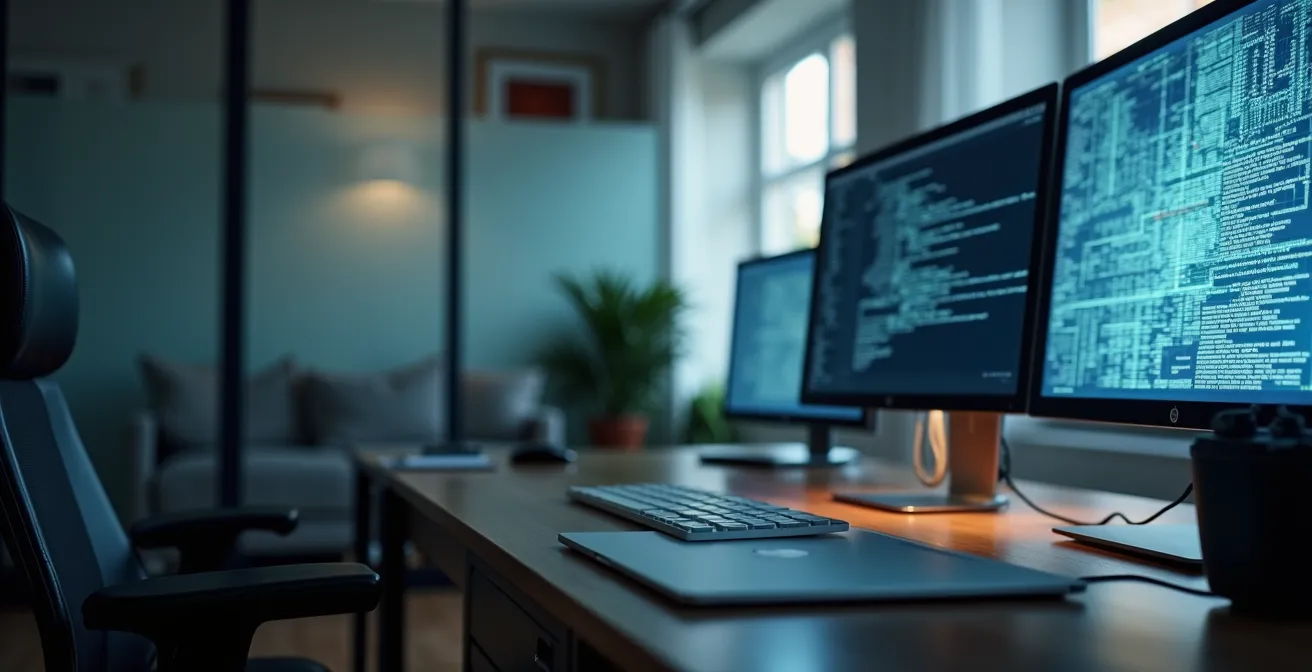 Sicherer Heimarbeitsplatz mit verschlossenem Aktenschrank und Sichtschutz