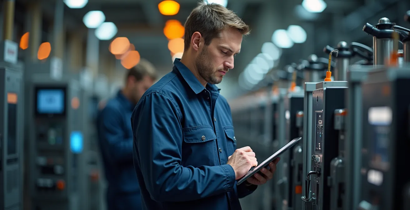 Deutscher Service-Ingenieur bei der Maschinenwartung im Ausland