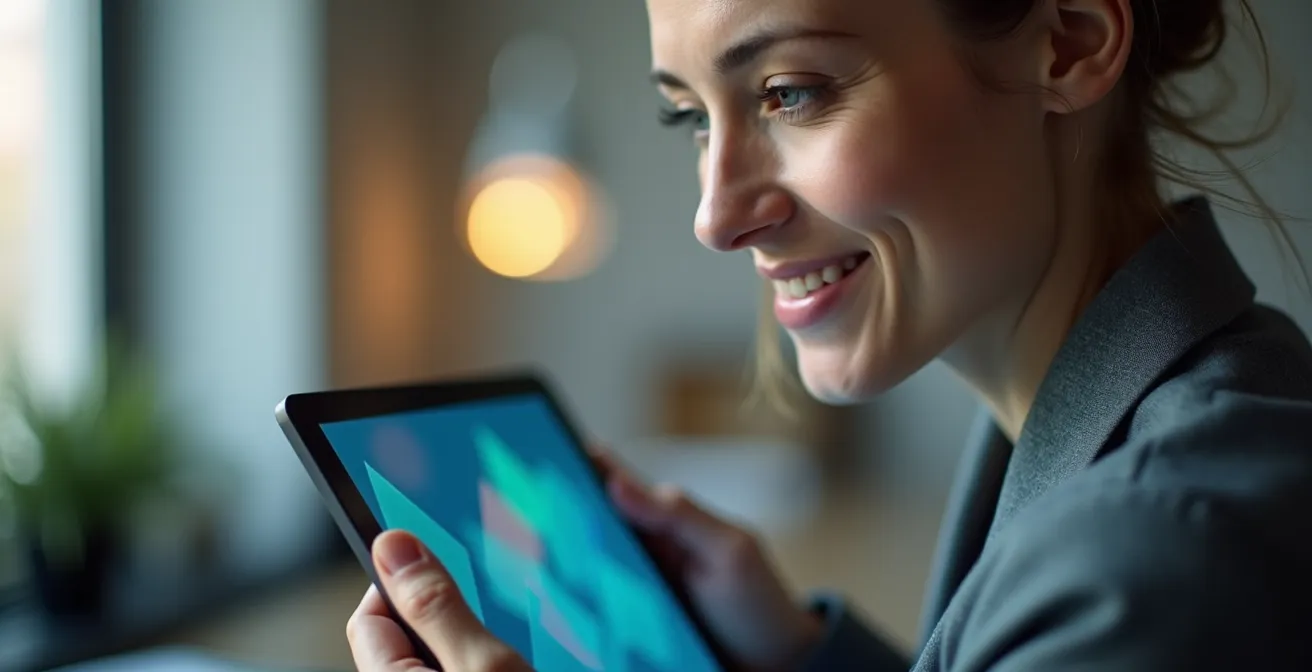 Mitarbeiter nutzt Feedback-App auf Tablet in modernem Büro