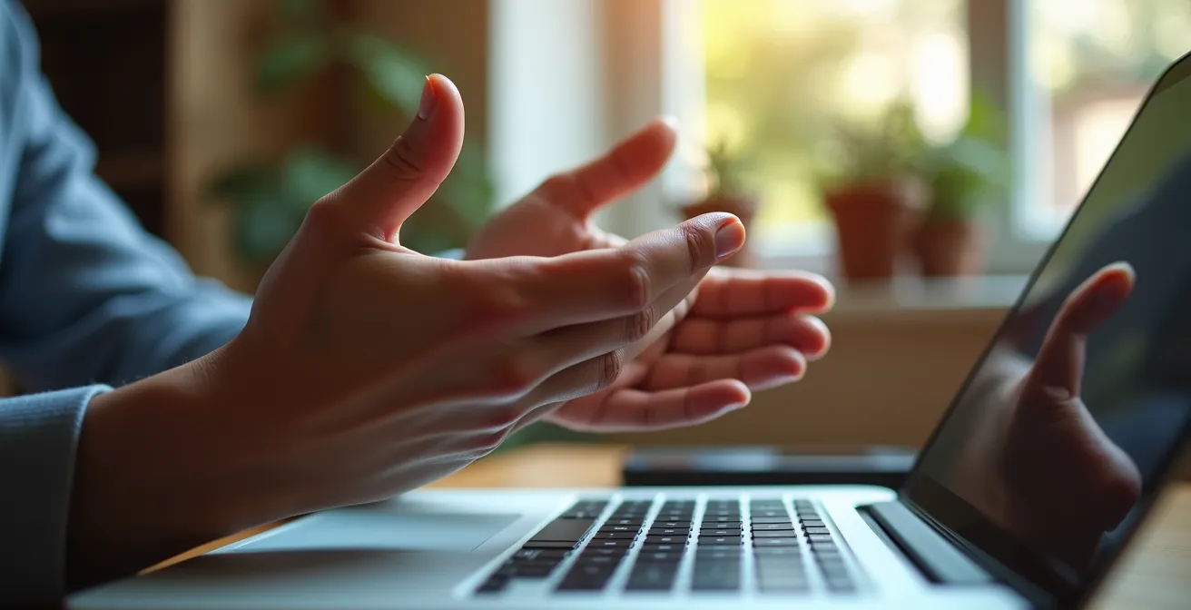 Nahaufnahme von Händen mit subtilen Gesten während eines Videocalls als Symbol für digitale Körpersprache