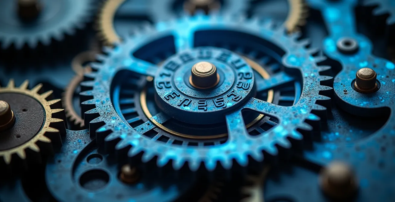 Makroaufnahme einer präzisen Schwarzwälder Uhrenmechanik neben digitalem Hologramm