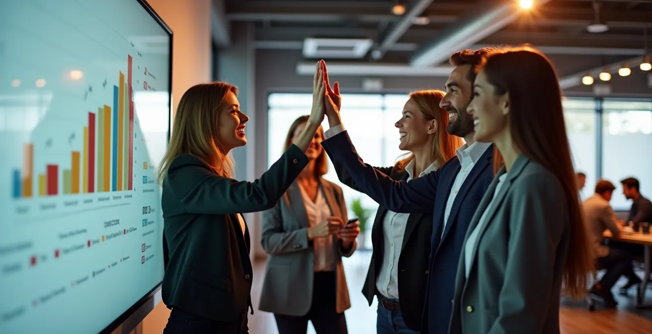 Ein diverses deutsches Business-Team feiert in einem modernen Konferenzraum, obwohl die gezeigten Diagramme keine 100%ige Zielerreichung zeigen, was eine positive Fehlerkultur symbolisiert.