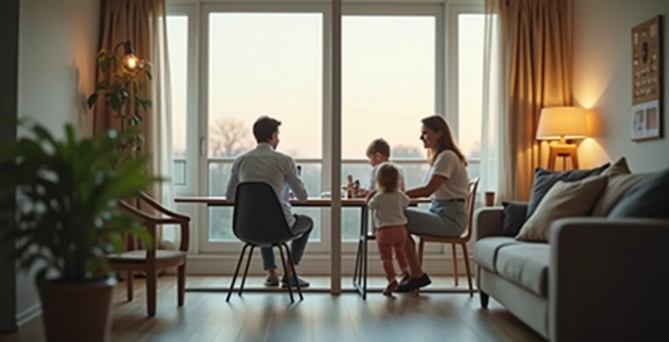 Familiensituation mit klarer visueller Trennung zwischen einem Arbeitsbereich und dem privaten Wohnbereich zu Hause.