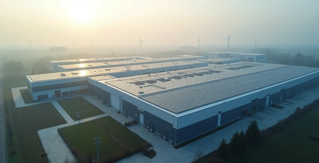 Luftaufnahme eines modernen deutschen Industrieparks, dessen vernetzte Gebäude ein skalierbares Lizenzmodell symbolisieren.