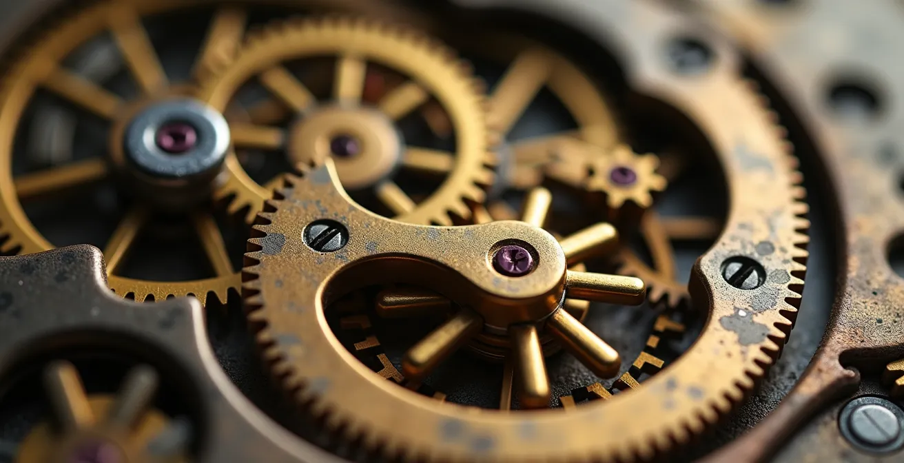 Makroaufnahme von ineinandergreifenden Zahnrädern einer Uhr als Metapher für Frühindikatoren