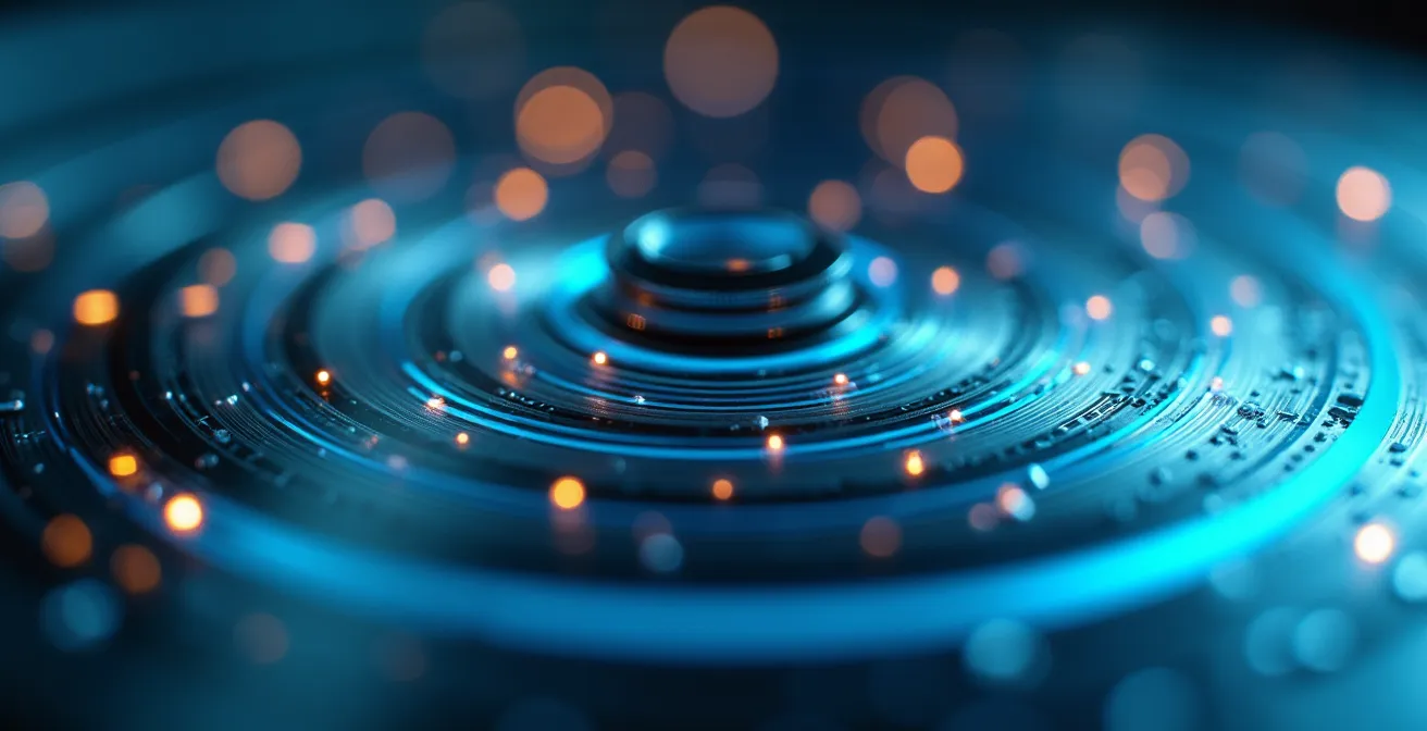 Makro-Aufnahme eines abstrakten Radarsystems, das schwache Signale als winzige Lichtpunkte darstellt.