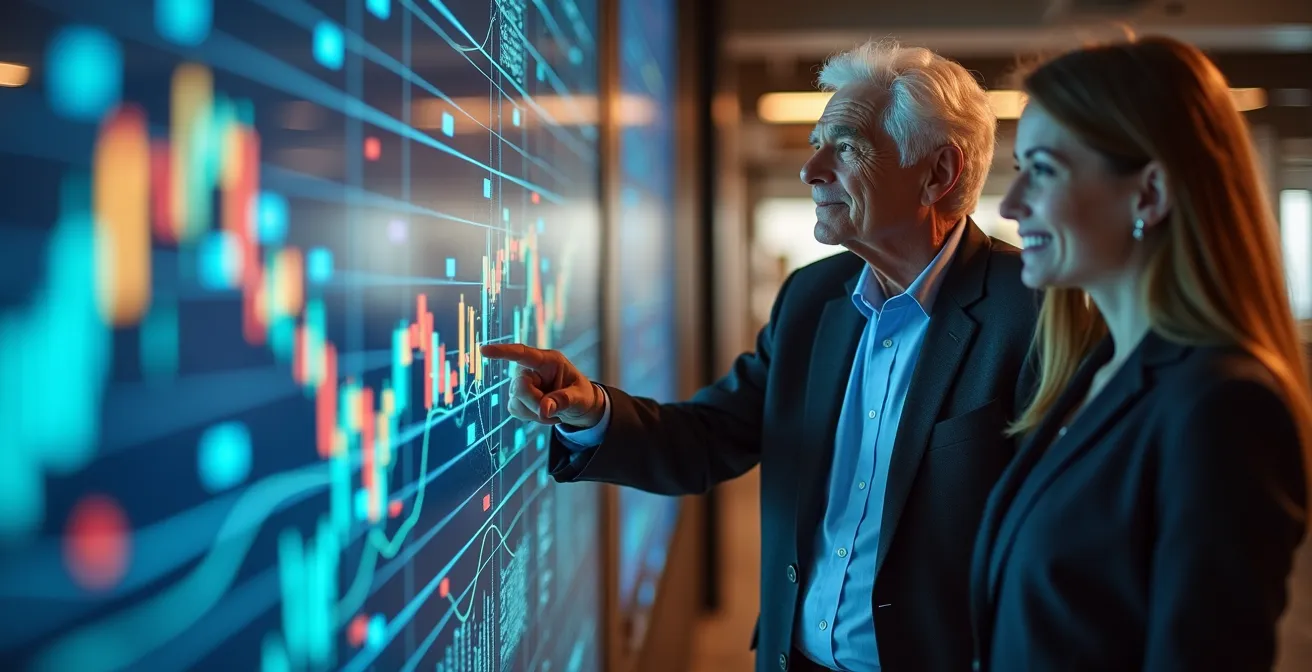 Älterer Mitarbeiter und junge Kollegin betrachten gemeinsam abstrakte Datenvisualisierungen auf einem grossen Bildschirm