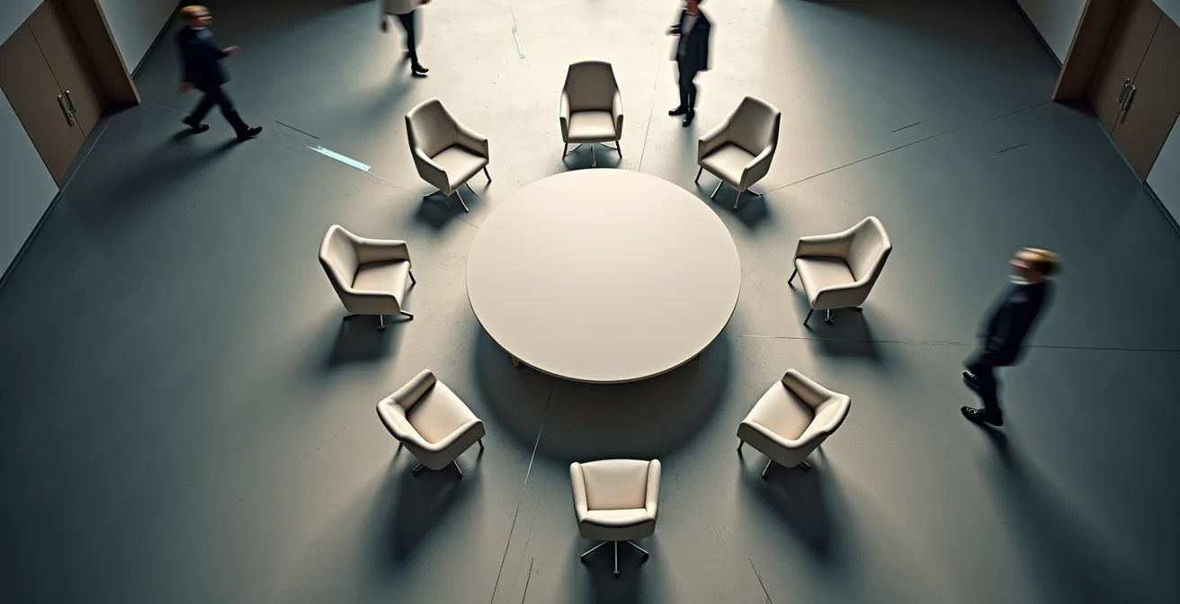 Luftaufnahme eines modernen Bürogebäudes mit Verbindungslinien zu Satellitenbüros