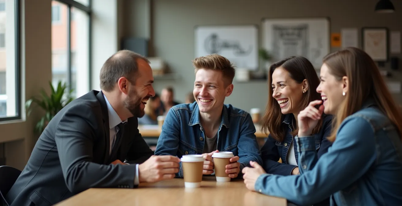 Lachende Ingenieure in einer Kaffeepause, im Hintergrund sind technische Zeichnungen zu sehen