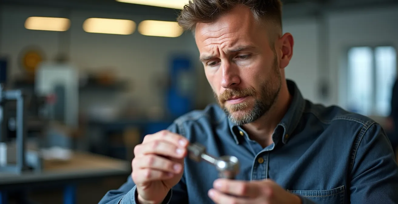 Ingenieur betrachtet vereinfachte technische Lösung statt komplexer Konstruktion