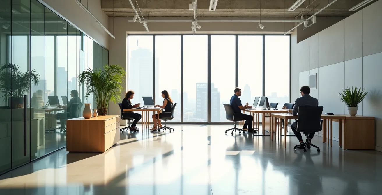 Offener Innovationsraum mit minimalistischem Design und natürlichem Licht
