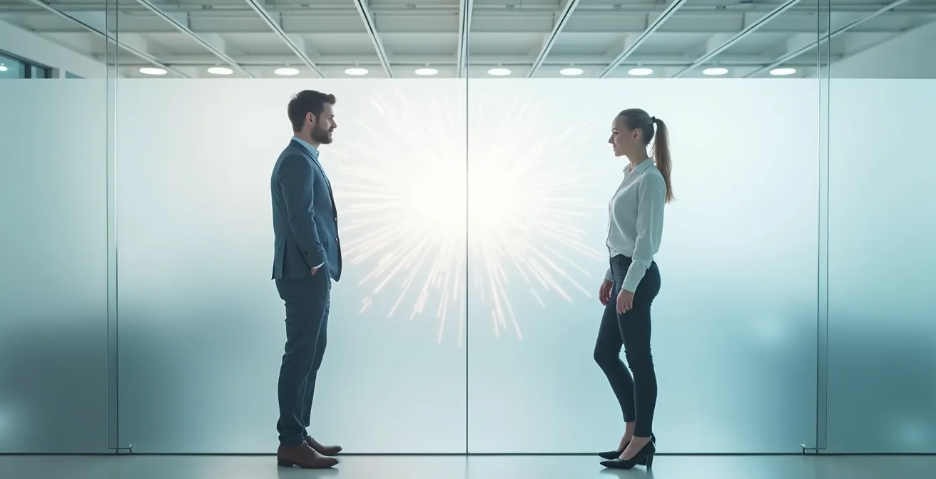 Zwei Personen im Dialog über transparente Trennwand mit fliessenden Informationsströmen