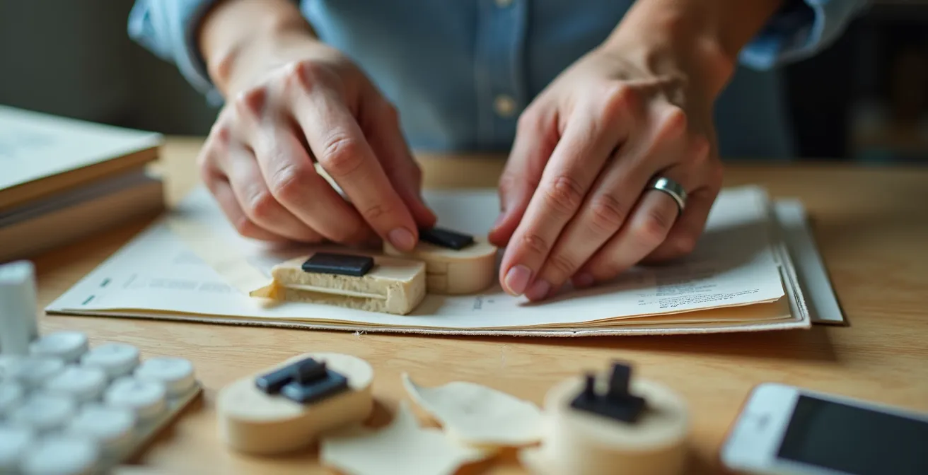 Detailaufnahme von improvisierten Lösungen und handschriftlichen Notizen im Arbeitsumfeld