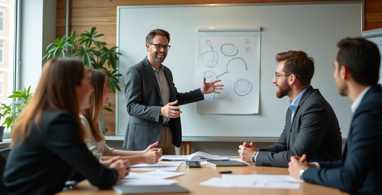Team diskutiert KVP-Prozesse in einem Workshop-Raum mit Whiteboards