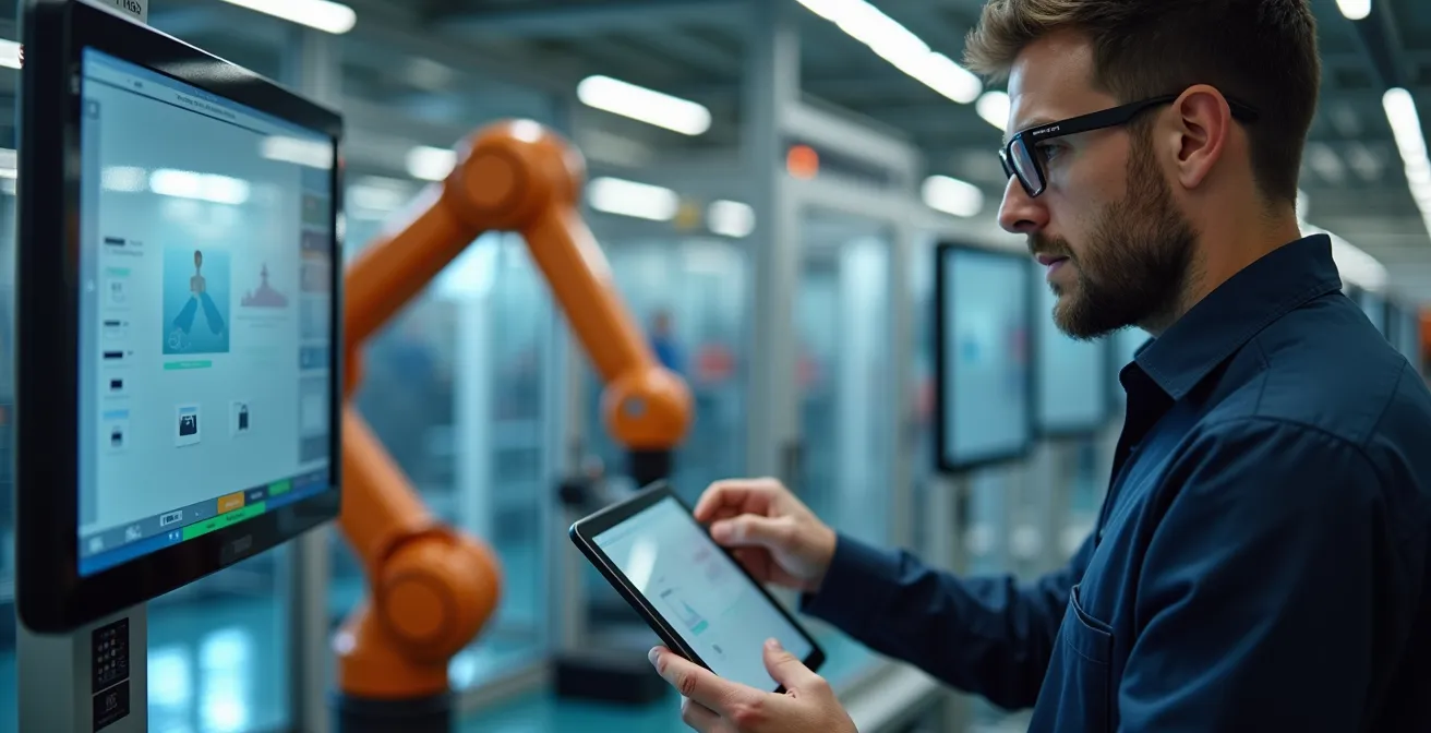 Moderne Fertigungsstrasse mit flexiblen Robotersystemen für individuelle Produktanfertigung