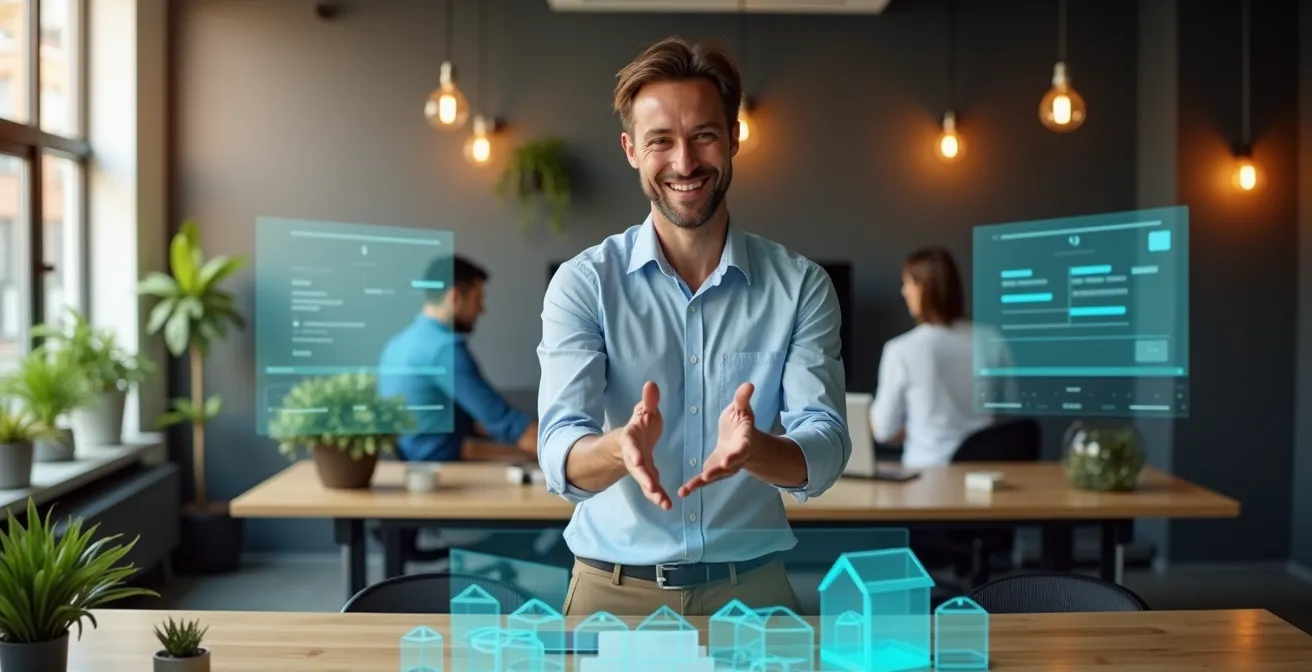 Geschäftsmann erstellt Anwendung mit visuellen Bausteinen ohne Code