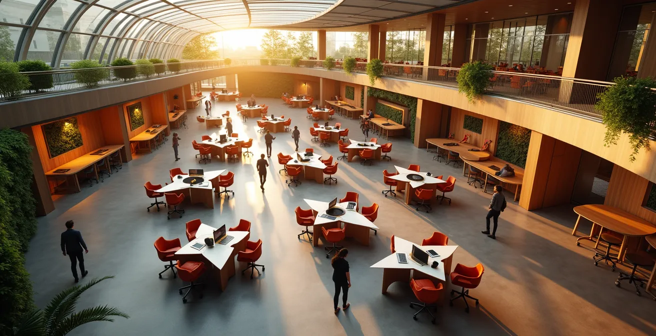 Flexible Büroräume mit verschiedenen Arbeitszonen für hybride Teams