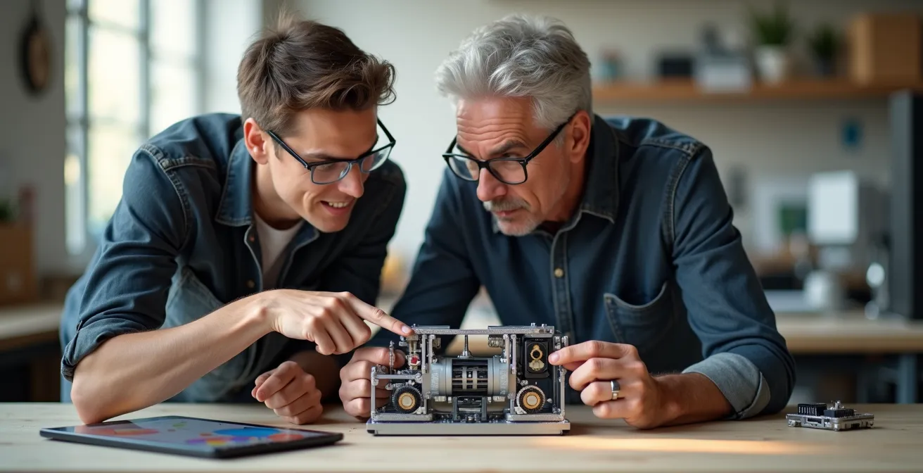 Ingenieure arbeiten an einem minimalen funktionsfähigen Produktprototyp im Maschinenbau