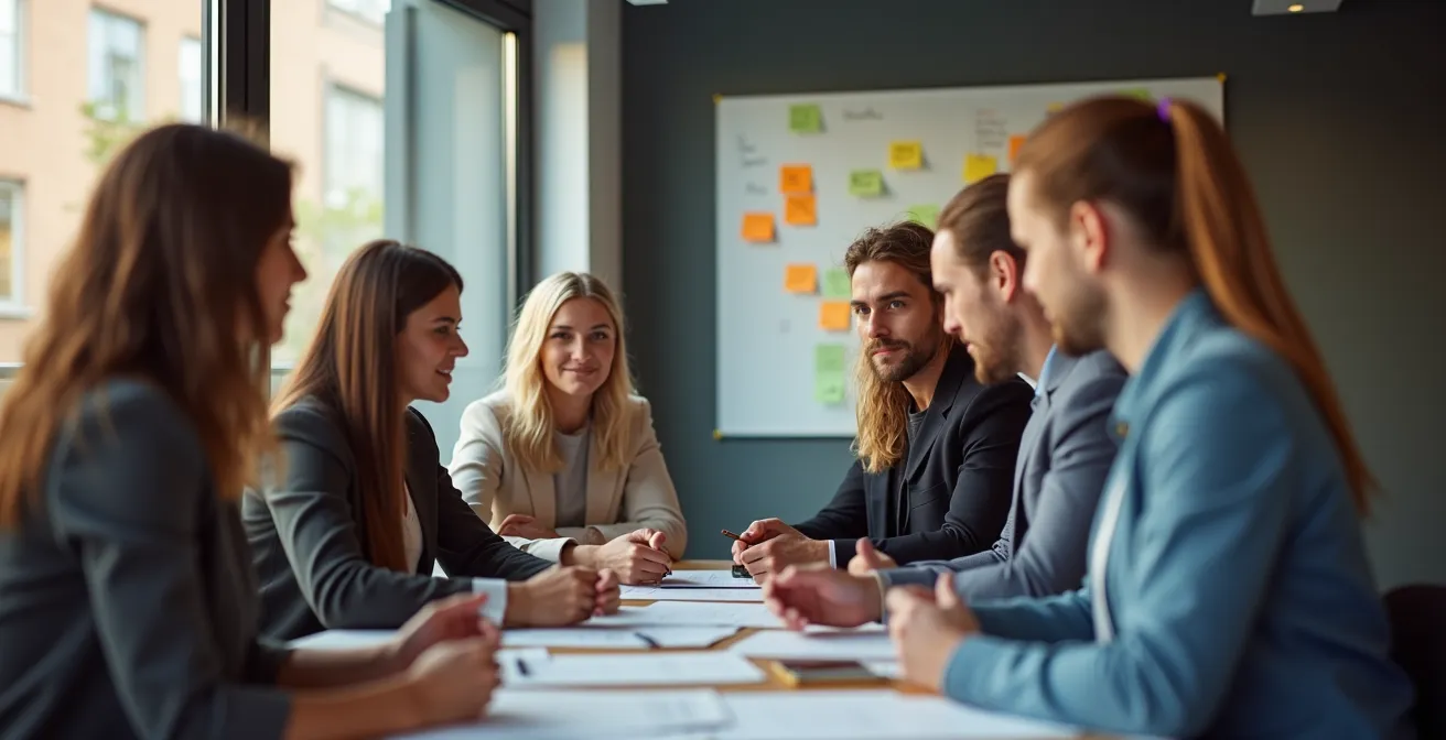 Ein diverses Team in einem modernen deutschen Workshop-Raum, das dynamisch und kollaborativ an einer agilen Übung arbeitet.