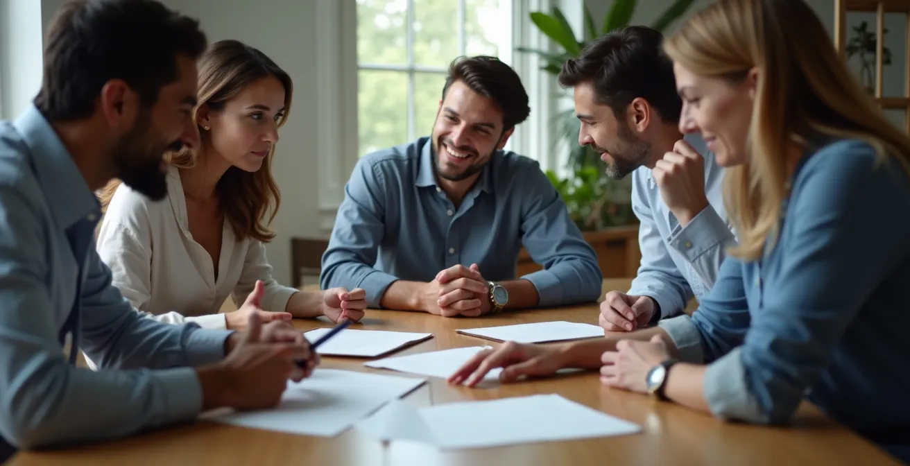 Ein diverses Team diskutiert vertraulich und mit gegenseitigem Respekt über Gehälter in einem geschützten Rahmen.