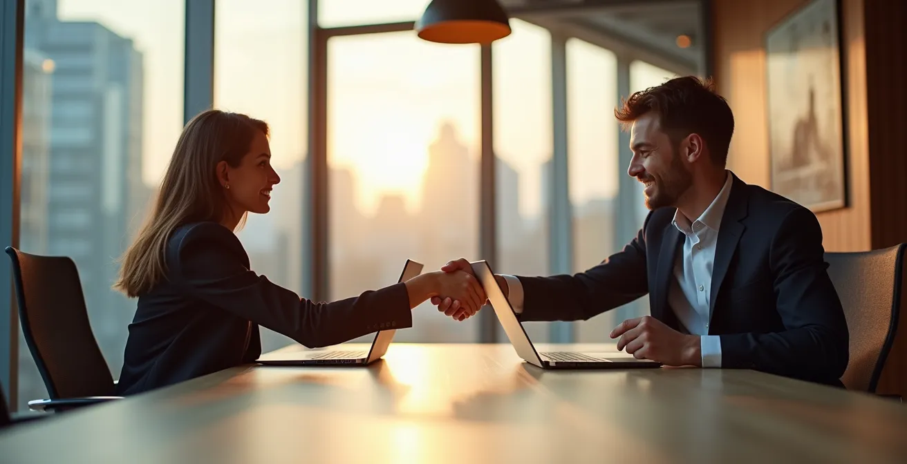 Zwei Geschäftsleute besiegeln mit einem Händedruck eine partnerschaftliche Verbindung, die positive Wechselbarrieren symbolisiert.