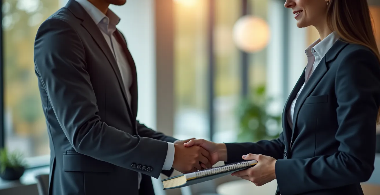 Geschäftsperson übergibt symbolisch Projektverantwortung an Kollegen