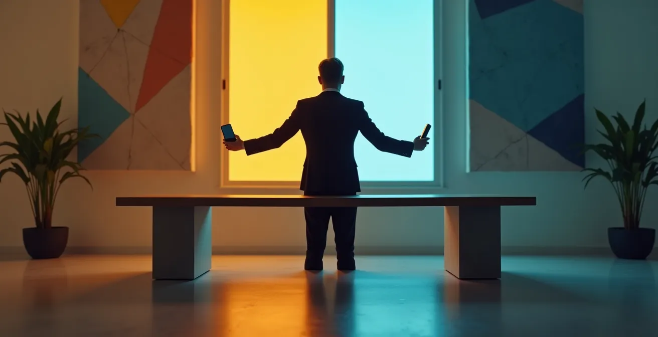 Führungskraft vermittelt zwischen zwei Remote-Mitarbeitern durch separate Gespräche, was das Konzept der Shuttle-Diplomatie darstellt.