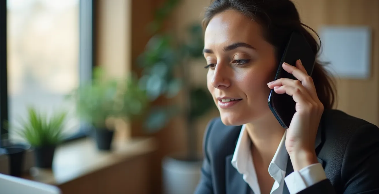 Mitarbeiter nimmt Sprachnachricht im modernen deutschen Büro auf