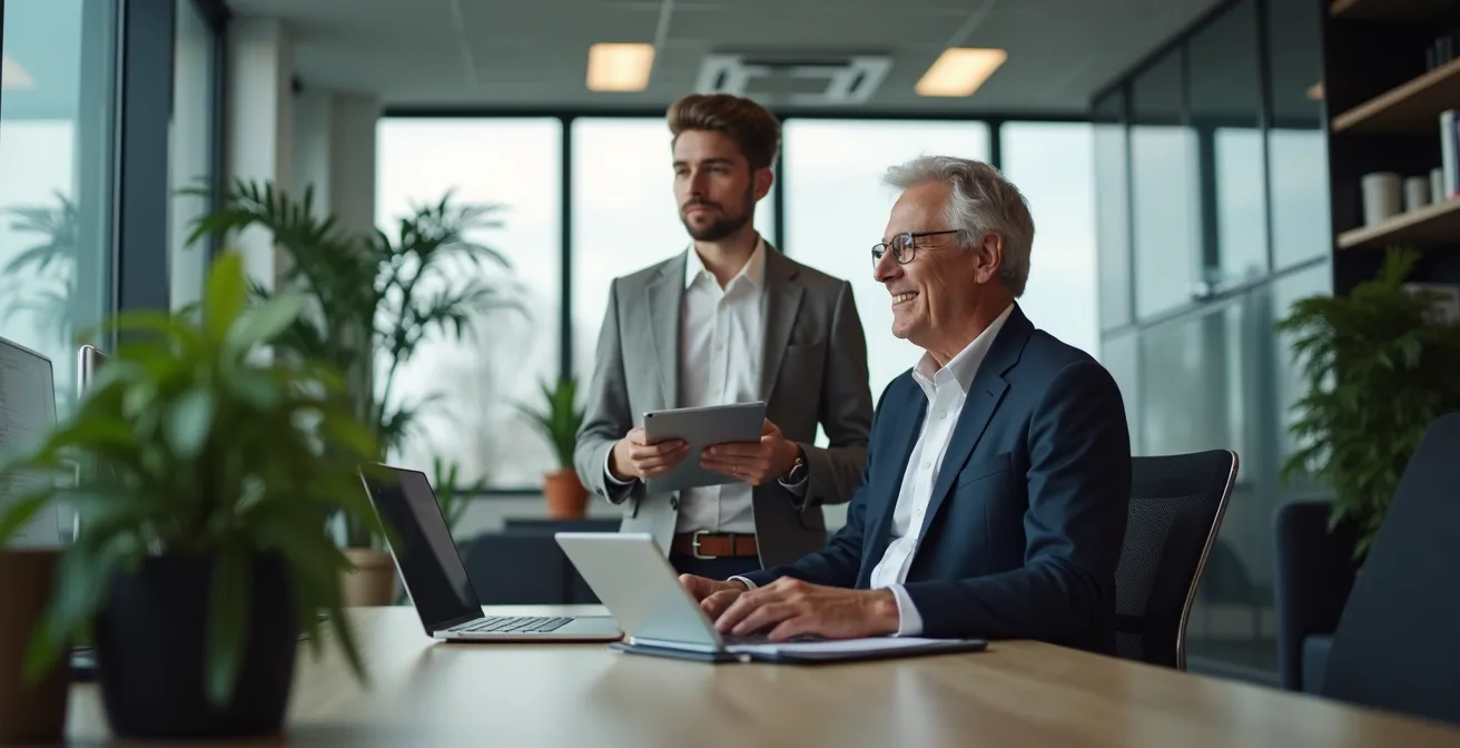 Junger Mitarbeiter erklärt älterem Kollegen digitale Tools am Computer im modernen Büro