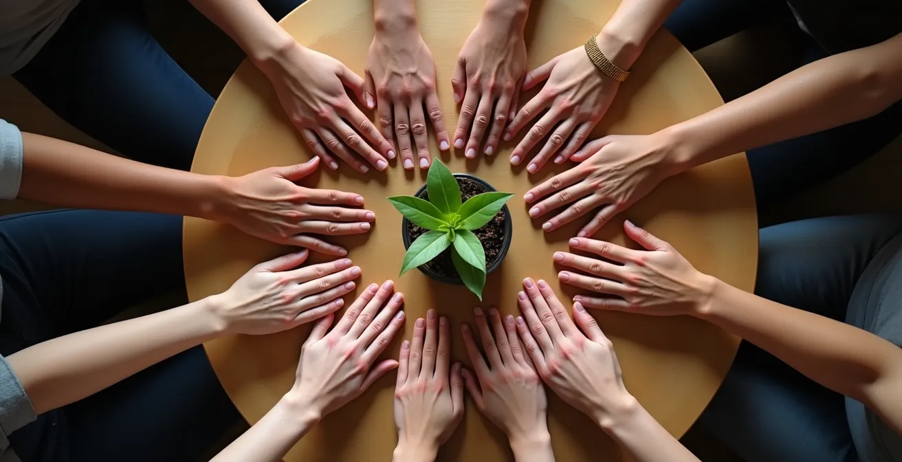 Hände von verschiedenen Teammitgliedern formen einen unterstützenden Kreis auf einem Tisch, was Zusammenarbeit und Vertrauen symbolisiert.