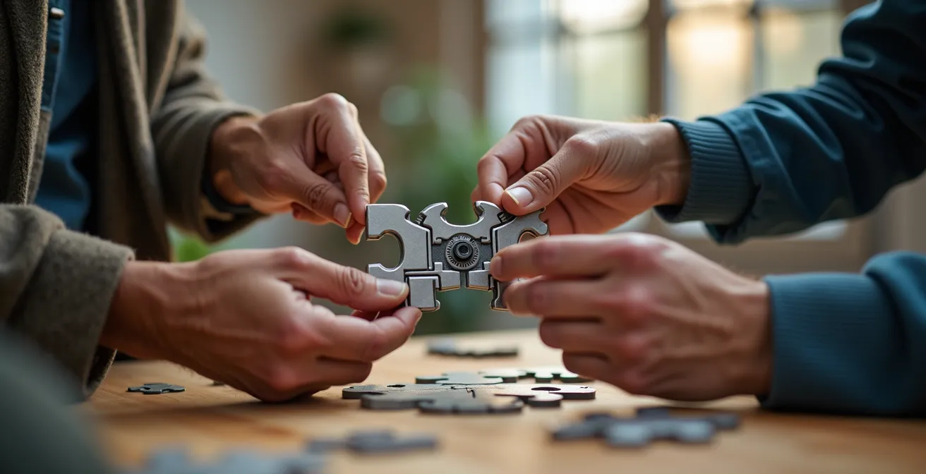 Nahaufnahme von Händen verschiedener Generationen beim gemeinsamen Puzzle-Zusammensetzen