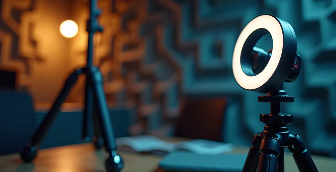Kompaktes Büro-Videostudio Setup mit Ringlicht, Stativ und Hintergrund