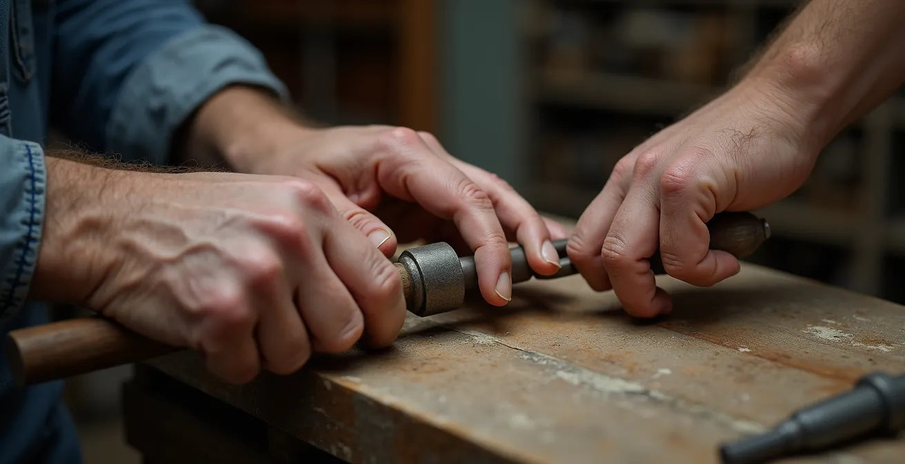 Erfahrener Handwerksmeister zeigt jüngerem Kollegen spezielle Technik in deutscher Werkstatt