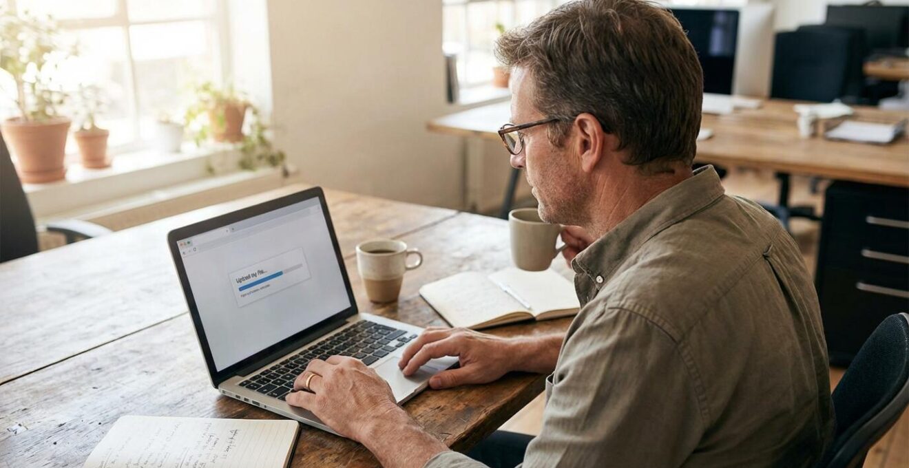 Fachkraft lädt Videomaterial am Laptop hoch im Coworking-Space