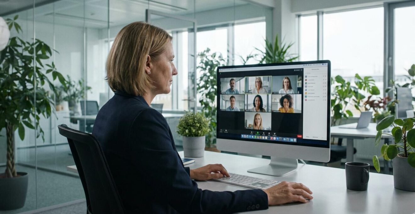 Geschäftsfrau arbeitet konzentriert am Bildschirm mit Video-Editing-Interface in modernem Büro