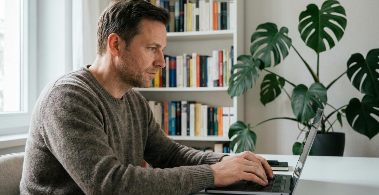 Geschäftsmann arbeitet konzentriert am Laptop im aufgeräumten Home-Office