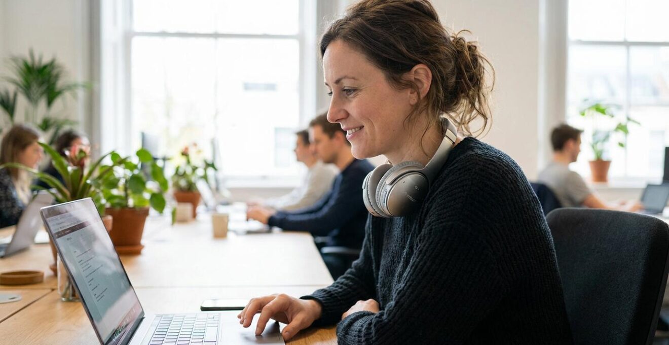 Marketing-Fachkraft arbeitet entspannt am Laptop mit KI-Voice-Over-Software