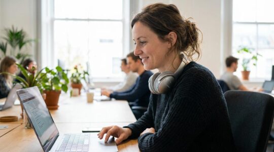 Marketing-Fachkraft arbeitet entspannt am Laptop mit KI-Voice-Over-Software