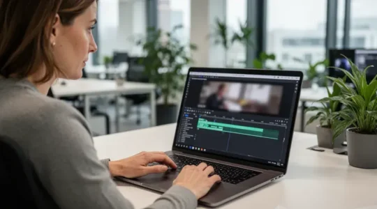Marketing-Fachkraft arbeitet an Video-Timeline in modernem Büro mit Online-Videotool