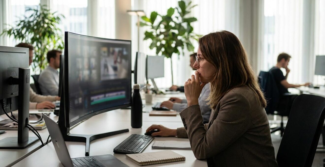 Marketing-Fachkraft prüft KI-Video am Monitor im modernen Büro
