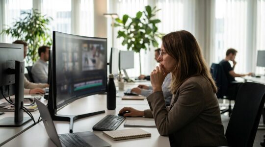 Marketing-Fachkraft prüft KI-Video am Monitor im modernen Büro