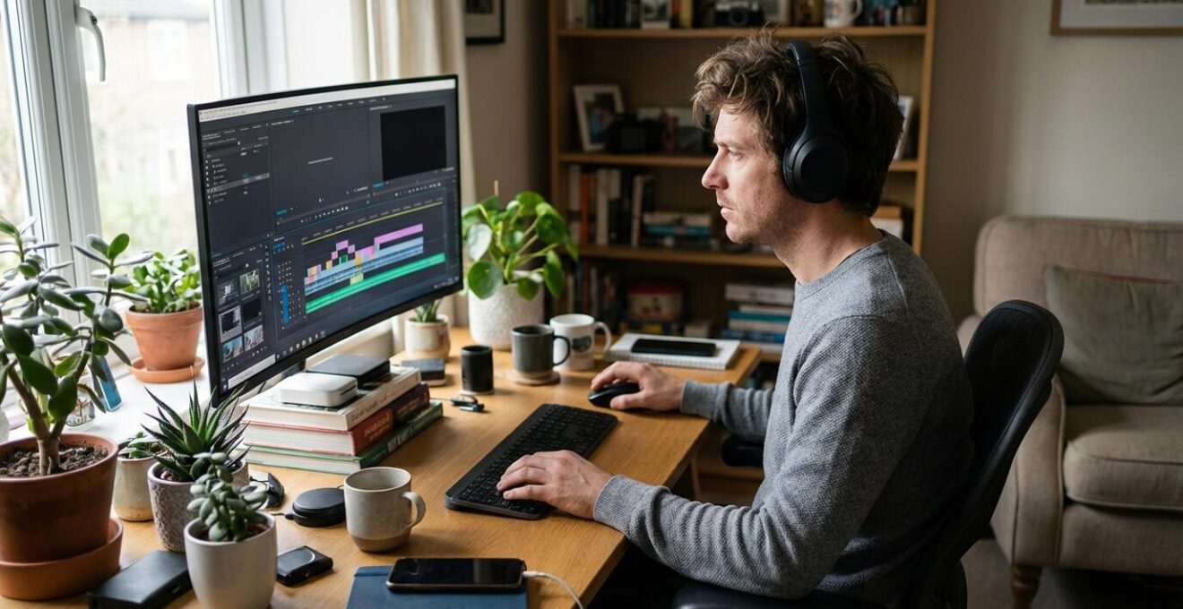 Konzentrierte Prüfung der KI-Voice-Over-Qualität mit Kopfhörern am Arbeitsplatz