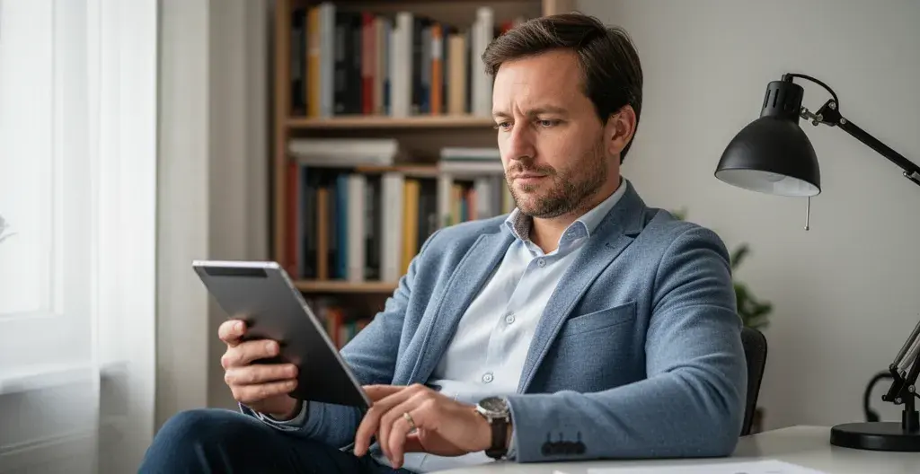 Fachkraft vergleicht Video-Tool-Optionen auf Tablet im Homeoffice