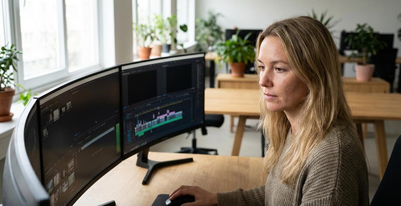 Marketing-Fachkraft erstellt KI-Video am Arbeitsplatz mit moderner Videobearbeitungsoberfläche