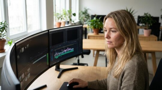 Marketing-Fachkraft erstellt KI-Video am Arbeitsplatz mit moderner Videobearbeitungsoberfläche