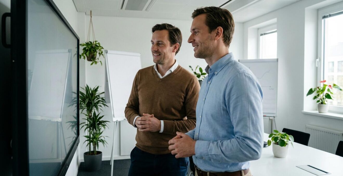 Zwei Kollegen betrachten gemeinsam eine Videopräsentation im modernen Besprechungsraum