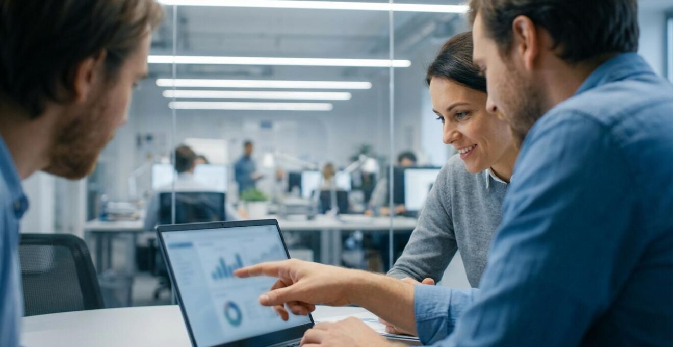 Zwei Kollegen besprechen gemeinsam KI-Voice-Over-Ergebnisse am Laptop