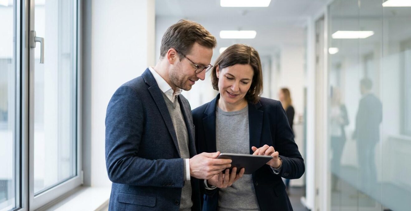 Zwei Kolleginnen planen KI-Videoproduktion am Tablet