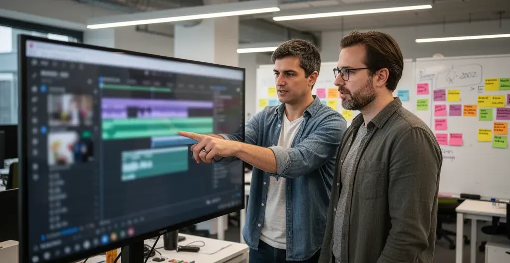 Zwei Kollegen besprechen Video-Timeline auf grossem Monitor im Kreativbüro